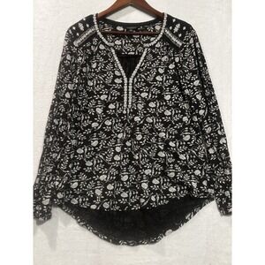 Lucky Brand Black Floral V-Neck Collared Long Sleeve Blouse Womens Medium